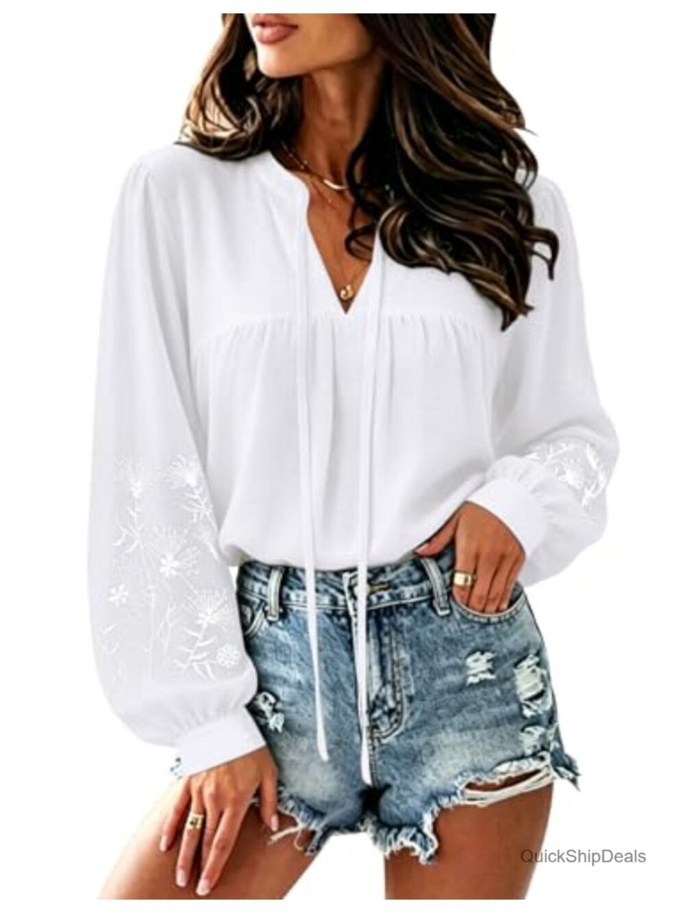 Womens Floral Embroidered Boho Long Sleeve Peasant Blouse